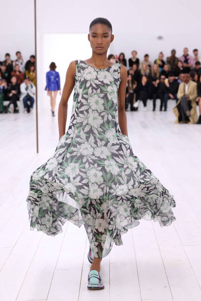 Model walks the runway during the Loewe Paris Womenswear Spring-Summer 2025 show as part of Paris Fashion Week on September 27, 2024 in Paris, France.