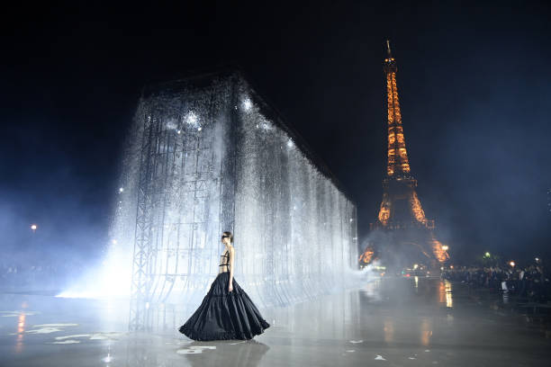 Model walks the runway during the Saint Laurent Womenswear Spring/Summer 2022 show as part of Paris Fashion Week on September 28, 2021 in Paris,...