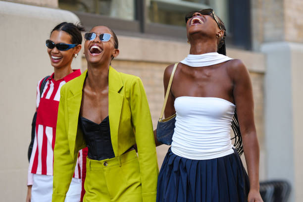 Models are seen posing, outside Brandon Maxwell, during New York Fashion Week, on September 12, 2023 in New York City.