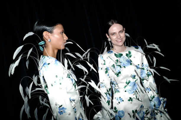 Models backstage ahead of the Richard Quinn show during London Fashion Week September 2023 at the Andaz Hotel on September 16, 2023 in London,...