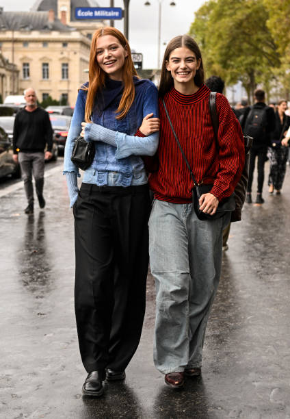 Models Louise Robert and Merlijne Schorren are seen outside the Chanel show during the Womenswear Spring/Summer 2024 as part of Paris Fashion Week on...