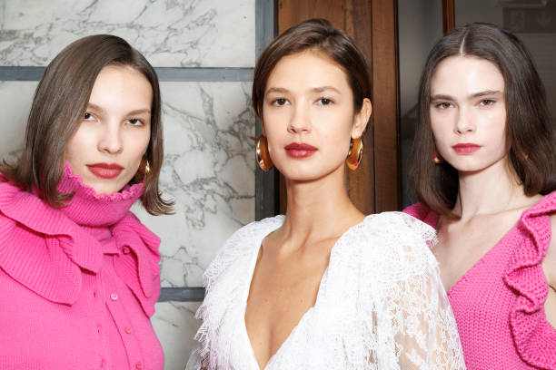 Models pose backstage at the Luisa Spagnoli fashion show during the Milan Fashion Week - Womenswear Fall/Winter 2025/2026 on March 01, 2025 in Milan,...