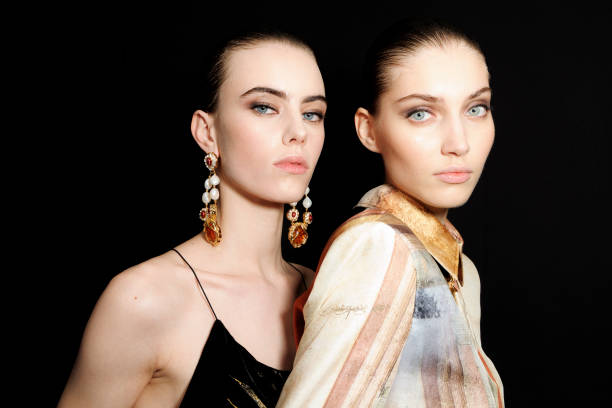 Models pose backstage at the Roberto Cavalli fashion show during the Milan Fashion Week - Womenswear Fall/Winter 2025/2026 on February 27, 2025 in...