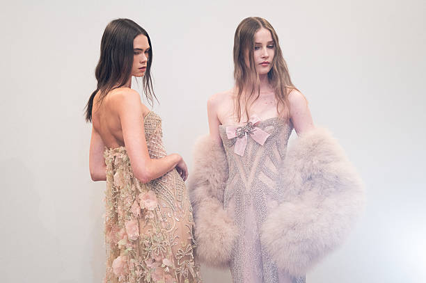 Models pose backstage prior to the Elie Saab Haute Couture Fall/Winter 2025/2026 show as part of Paris Fashion Week on July 09, 2025 in Paris, France.