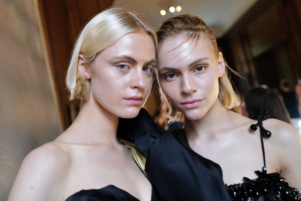 Models pose backstage prior to the Peet Dullaert Womenswear Spring/Summer 2024 show as part of Paris Fashion Week on September 29, 2023 in Paris,...