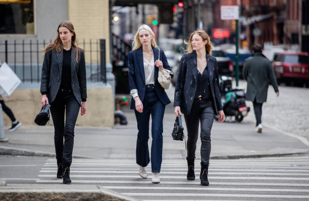 Models seen outside Collina Strada during New York Fashion Week on February 16, 2022 in New York City.