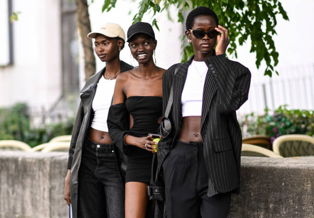 Models seen with outside the Zimmermann show during the Womenswear Spring/Summer 2024 as part of Paris Fashion Week on October 02, 2023 in Paris,...