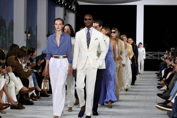 Models walk the runway for the Ralph Lauren fashion show during New York Fashion Week September 2024 at Khalily Stables on September 05, 2024 in...