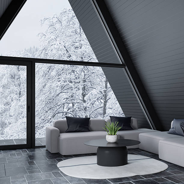 modern a-frame mountain cabin with snowy forest view - home decoration stock pictures, royalty-free photos & images