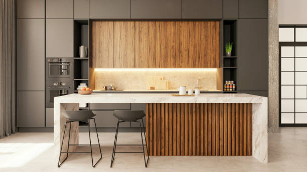 modern apartment kitchen interior - home decoration stock pictures, royalty-free photos & images