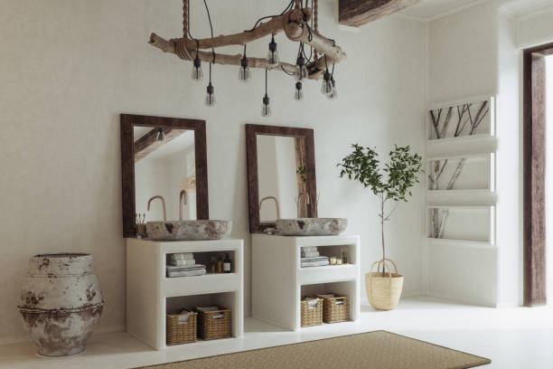 modern bathroom with marble sinks, white cabinets and potted plant - home decoration stock pictures, royalty-free photos & images