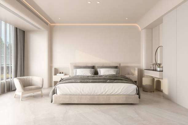 modern bedroom interior with double bed, armchair and night tables - home decoration stock pictures, royalty-free photos & images