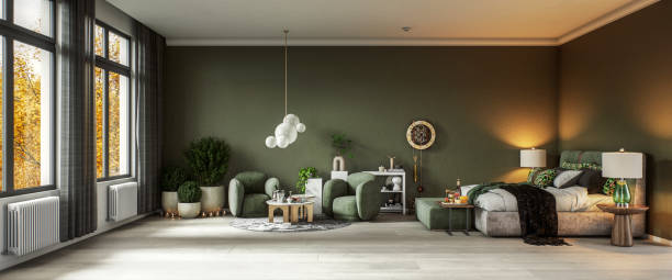 modern bohemian home interior with cozy green accents - home decoration stockfoto's en -beelden