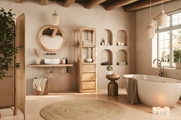 modern boho bathroom with soft lighting - home decoration stock pictures, royalty-free photos & images