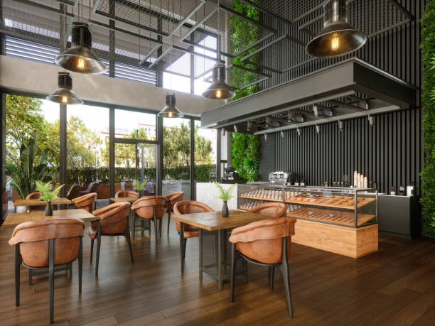 modern coffee shop interior with tables, coffee maker, pastries and walled garden - garden decoration stock pictures, royalty-free photos & images