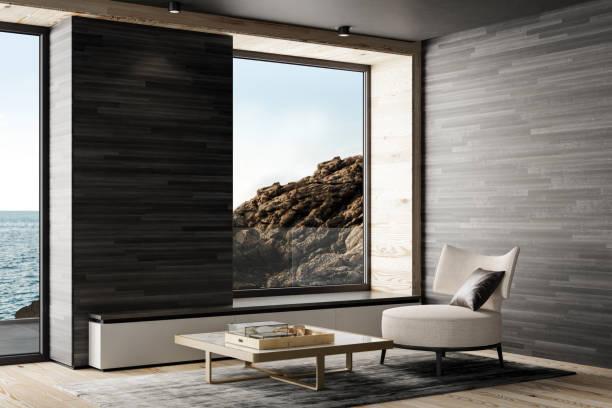 modern cozy scandinavian living room with wooden wall planks. - home decoration stock pictures, royalty-free photos & images