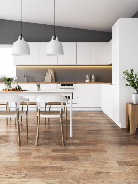 modern dining room and kitchen - home decoration stock pictures, royalty-free photos & images