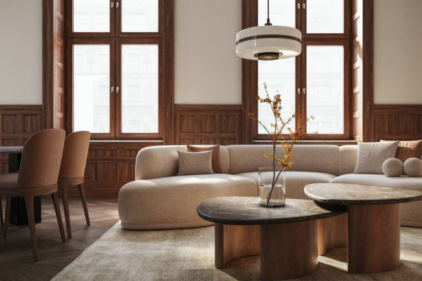 modern elegant living room - interior design - 3d render - home decoration stockfoto's en -beelden