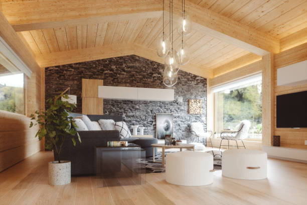 modern european alpine chalet interior - home decoration stock pictures, royalty-free photos & images