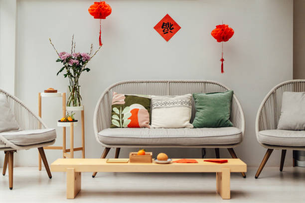 modern home interior with chinese new year decorations - home decoration stock pictures, royalty-free photos & images