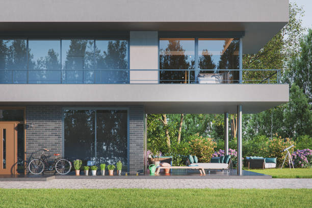 modern house with garden - garden decoration stock pictures, royalty-free photos & images