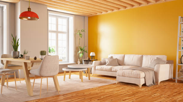 modern interior design sofa with yellow wall - home decoration stock pictures, royalty-free photos & images