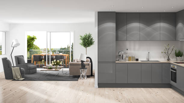 modern interior with balcony - food stock pictures, royalty-free photos & images