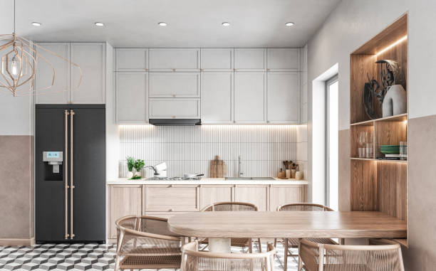 modern kitchen and dining room with table and chairs on retro tiled floor - food stock pictures, royalty-free photos & images