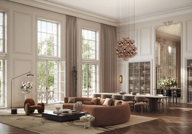 modern living room design with open dining area - digitally generated - home decoration stock pictures, royalty-free photos & images