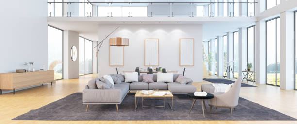 modern living room interior panoramic view - home decoration stock pictures, royalty-free photos & images