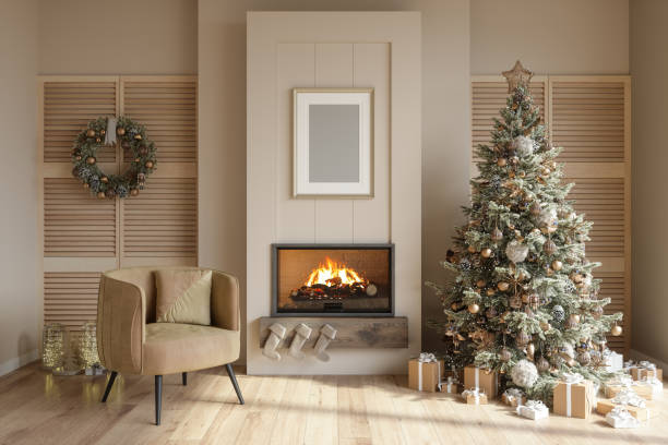 modern living room interior with christmas tree, ornaments, gift boxes, fireplace and armchair - home decoration stock pictures, royalty-free photos & images