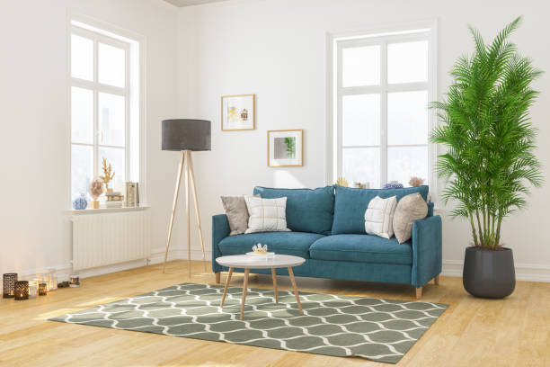 modern living room interior with comfortable sofa - home decoration stock pictures, royalty-free photos & images