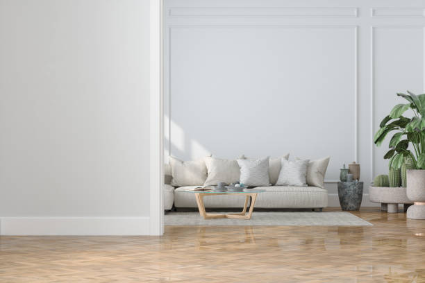 modern living room interior with empty wall, sofa, house plants and coffee table - home decoration stock pictures, royalty-free photos & images