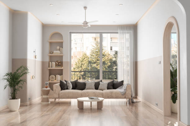 modern living room interior with sofa, coffee table, parquet floor and garden view from the window - home decoration stock pictures, royalty-free photos & images