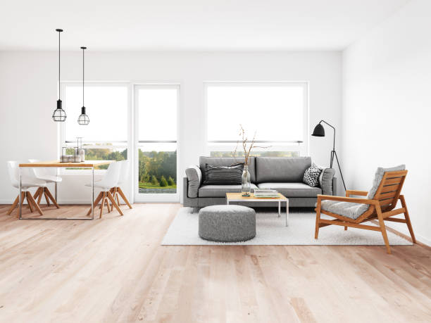 modern living room with dining room - home decoration stock pictures, royalty-free photos & images