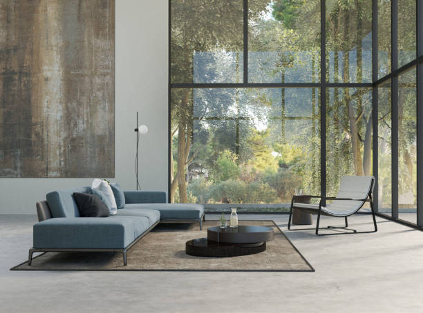 modern living room with forest view - home decoration stock pictures, royalty-free photos & images