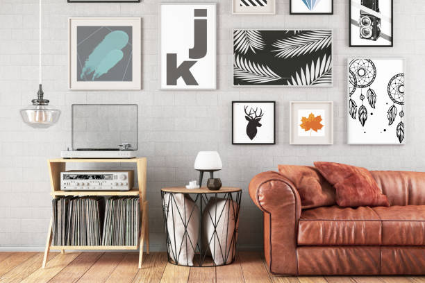 modern living room with sofa and frames - home decoration stock pictures, royalty-free photos & images