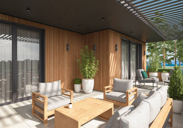 modern luxurious villa balcony with green garden in pine forest - home decoration stock pictures, royalty-free photos & images