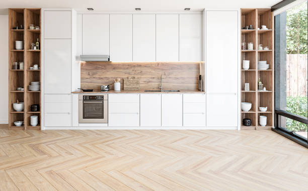 modern white kitchen with rectangular breakfast kitchen island with stools - garden decoration stock pictures, royalty-free photos & images