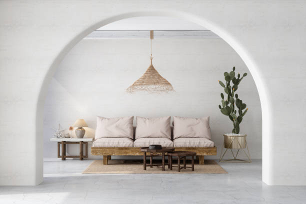 modern white living room with sofa, coffee table, cactus plant and pendant light - home decoration stock pictures, royalty-free photos & images