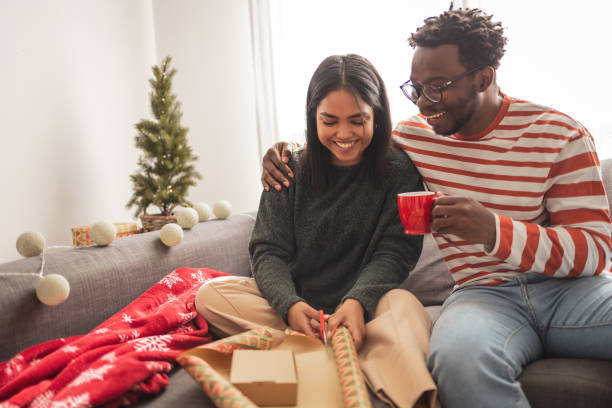 morning coffee and packing presents - home decoration stock pictures, royalty-free photos & images
