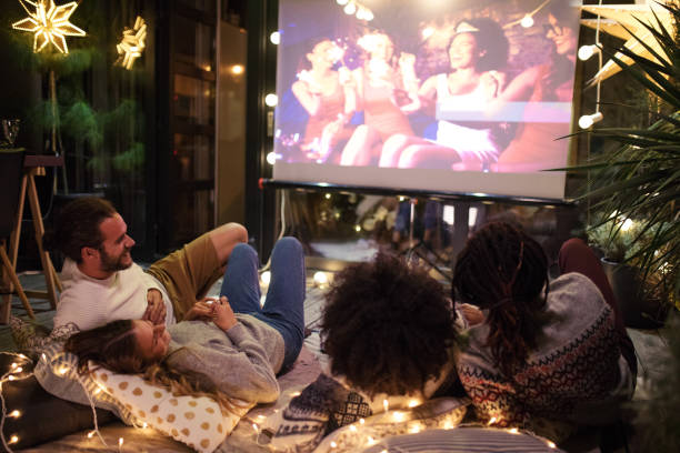 movie night with friends - garden decoration stock pictures, royalty-free photos & images