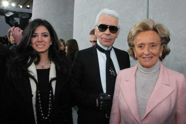Mrs Hariri, Karl Lagerfeld and Bernadette Chirac attend the Chanel Fashion show, during Paris Fashion Week Spring-Summer 2008 at Grand Palais on...