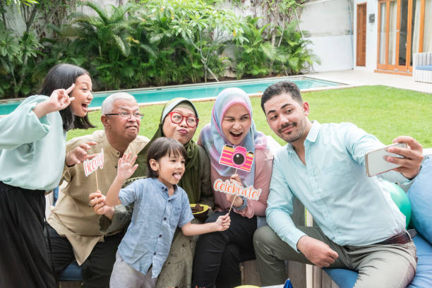 multi generation family selfie - garden decoration stock pictures, royalty-free photos & images