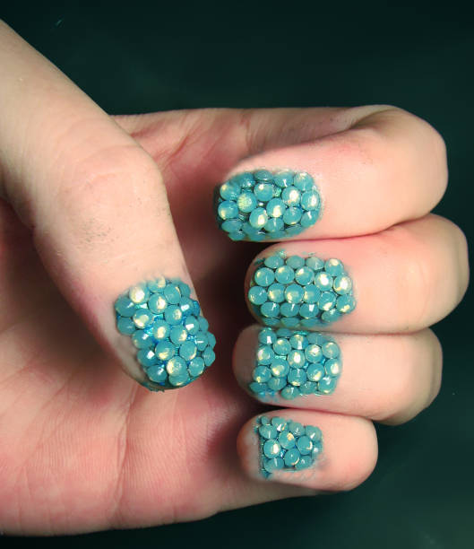 nail art with aqua crystals - nails art stock pictures, royalty-free photos & images