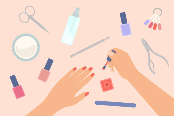 nail care concept. manicured female hands and applying nail polish on fingernails. manicure equipments on table - nails art stock illustrations