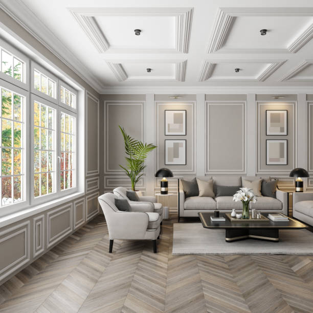 neo-classical parisian luxury living room with beige walls and hardwood floor - home decoration stock pictures, royalty-free photos & images