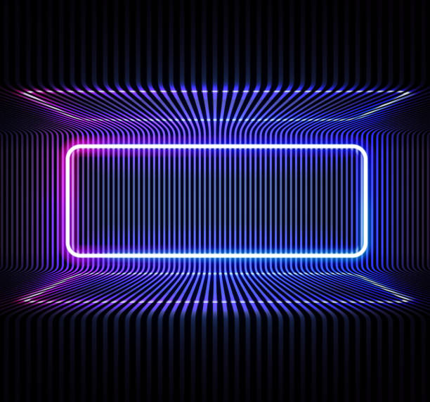 neon color geometric round rectangle on metal stripe pattern background. round rectangle mystical portal, luminous line, neon sign. reflection of blue and pink neon light on the floor. vector. - concert stock illustrations