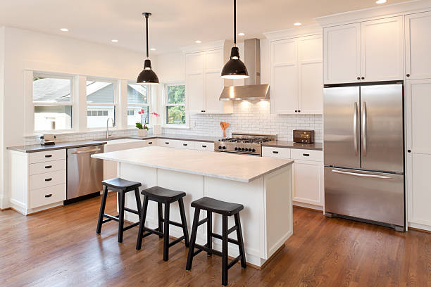 new kitchen in modern luxury home - home decoration stock pictures, royalty-free photos & images