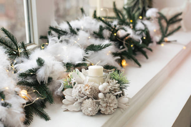 new year's decor on the windowsill. new year. christmas. - home decoration stockfoto's en -beelden